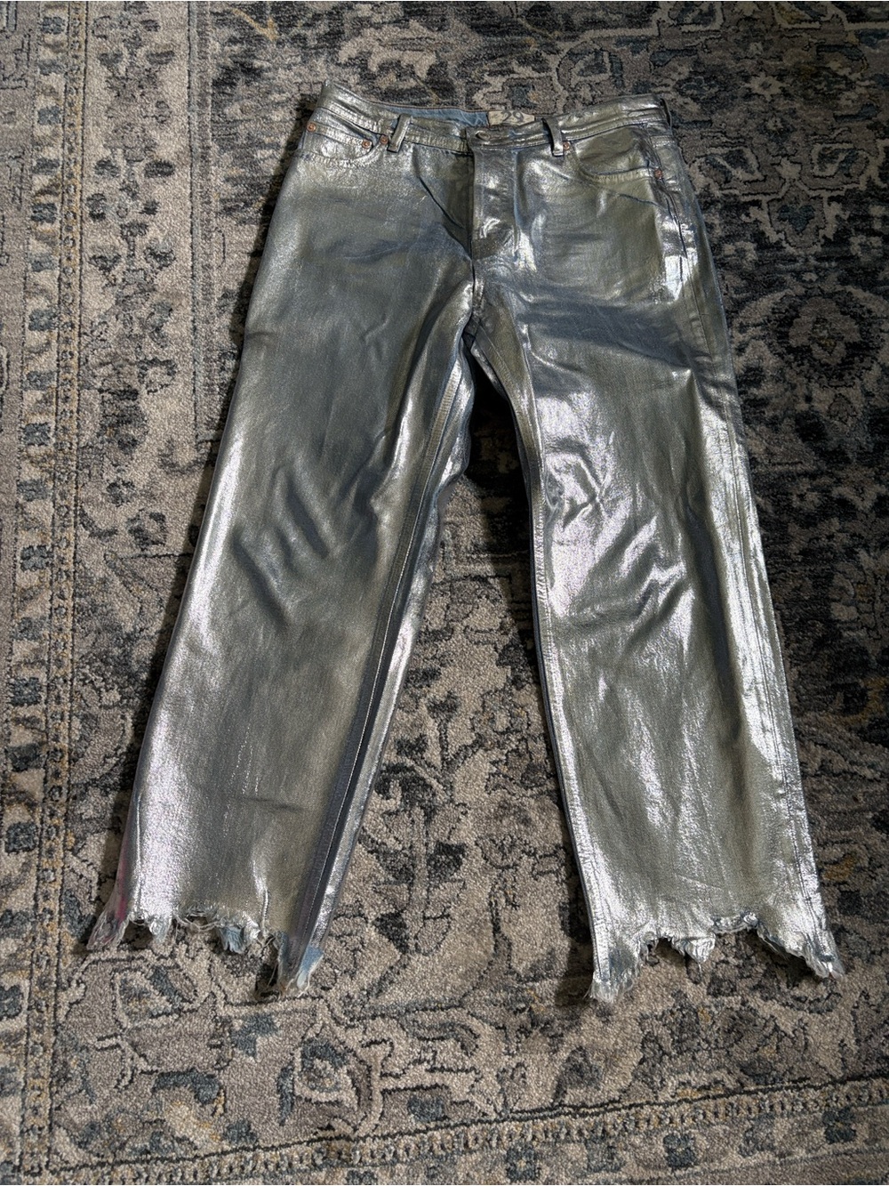 We The Free Metallic Silver Coated Jeans with Raw Hem